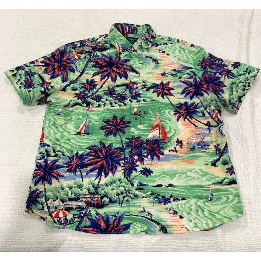 Ralph Lauren Green Blue Nautical Sailboat Hawaiian Shirt XL Cotton Tropical